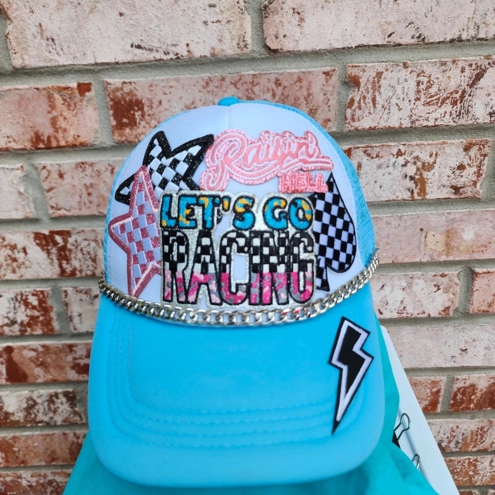 OTTO Turquoise and Light Blue Racing Patch Trucker Hat with Chain Trim